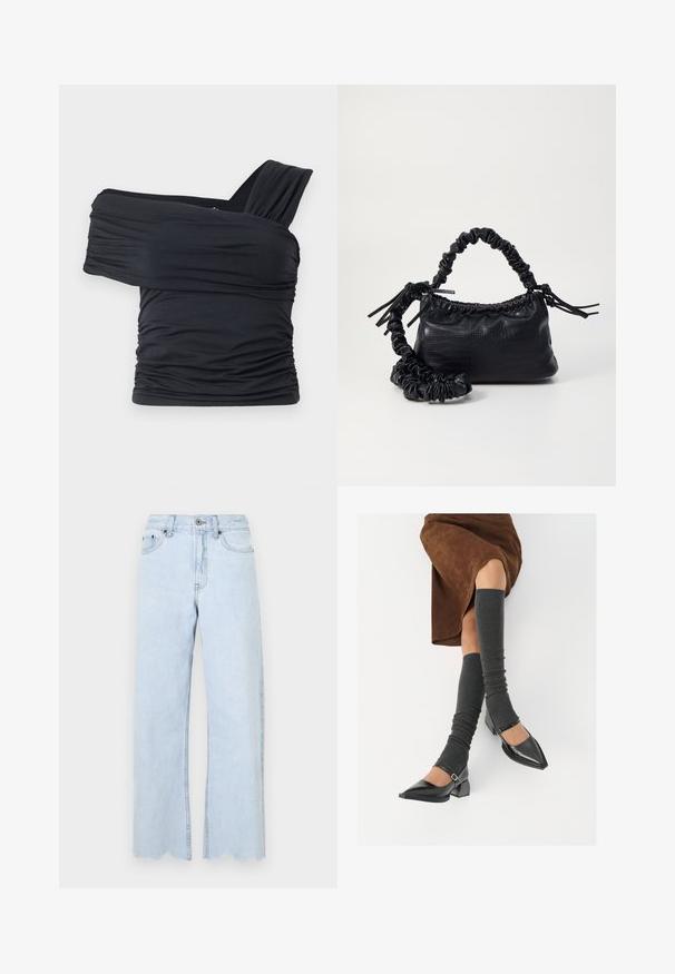 Top preto sem alças feito de um tecido macio e elástico, com detalhes franzidos e um design de alça larga de um lado.; Jeans de perna larga em azul claro com bainha desfiada, feitos de denim. As características incluem fecho de botão, passantes para cinto e bolsos laterais.; Sapatos pretos de pele lacada com biqueira pontuda, salto bloco e tiras no tornozelo, combinados com caneleiras cinzas em malha e uma saia de camurça castanha.; Bolsa de mão em couro sintético preto com textura de crocodilo, topo franzido e alça enrugada. Apresenta um design suave e compacto.