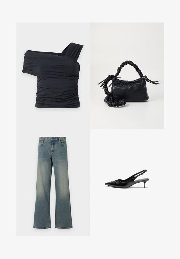 Top preto sem alças feito de um tecido macio e elástico, com detalhes franzidos e um design de alça larga de um lado.; Jeans de ganga largos e azuis, com um design clássico de cinco bolsos e fecho de botão e zípper, apresentando detalhes de lavagem desbotada nas coxas e joelhos.; Sapatos de salto alto slingback em couro preto com bico fino, pequeno salto kitten e um detalhe decorativo em forma de nó na parte da frente. Textura suave em toda a parte.; Bolsa de mão em couro sintético preto com textura de crocodilo, topo franzido e alça enrugada. Apresenta um design suave e compacto.