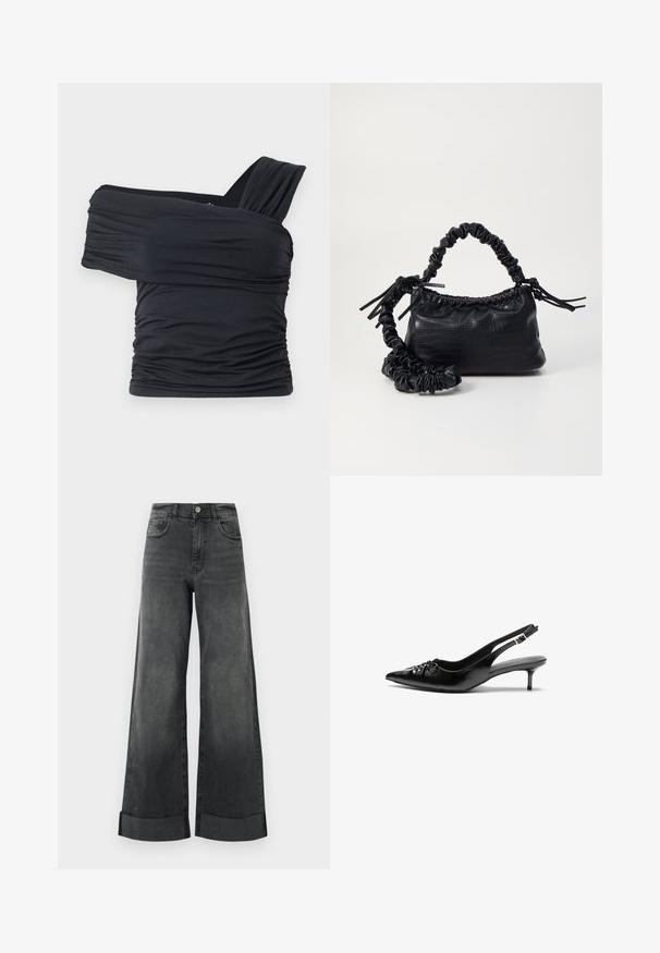 Black off-shoulder top made from soft, stretchy fabric, featuring ruched details and a wide strap design on one side.; High-waisted black wide-leg jeans with cuffed hems, front button, and pockets, displayed against a plain light background.; Black leather slingback heels with a pointed toe, small kitten heel, and a decorative knot detail on the front. Smooth texture throughout.; Black faux leather handbag with a crocodile texture, cinched top, and a scrunched strap. Appears soft and compact in design.