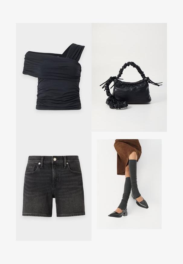 Musta olkaimeton toppi, joka on valmistettu pehmeästä ja venyvästä kankaasta, jossa on rypytysdetaljeja ja leveä olkaintyyli yhdellä puolella.; Mustat denimitsortsit klassisella viiden taskun muotoilulla, joissa on etupainike ja hailakka kuluminen tekstuurin lisäämiseksi.; Musta lakattu nahkakengät teräväkärkisillä, leveällä kantapäällä ja nilkkahihnalla, yhdistettynä harmaisiin ribattuihin säärystimiin ja ruskeaan mokkasiinimekkoon.; Must-have mustekahvi nahkalaukku krokotiiliaistalla, kiristetty yläosa ja rypistetty hihna. Näyttää pehmeältä ja kompaktilta muotoilultaan.