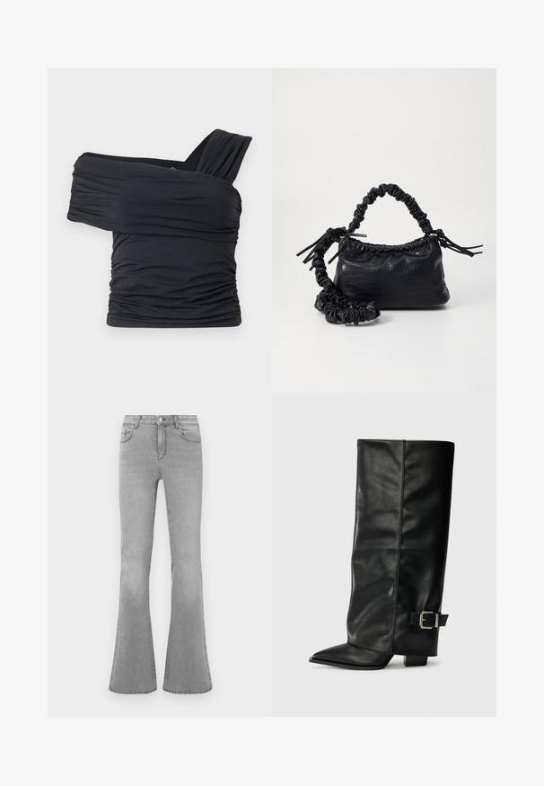 Schwarzes Off-Shoulder-Top aus weichem, elastischem Stoff, mit Rüschendetails und einem breiten Trägerdesign auf einer Seite.; Graue Schlagjeans aus Denim, mit einem klassischen Fünf-Taschen-Design, einem Reißverschluss und subtilen Verblassungen entlang der Beine.; Schwarze Lederstiefeletten in Knöchellänge mit spitzem Zehenbereich, glatter Oberfläche und silberner Schnallenakzent an der Seite. Massiver, quadratischer Absatz.; Schwarze Handtasche aus Kunstleder mit Krokodilstruktur, gerafftem oberen Teil und einem geschoppten Tragegurt. Sie wirkt weich und kompakt im Design.