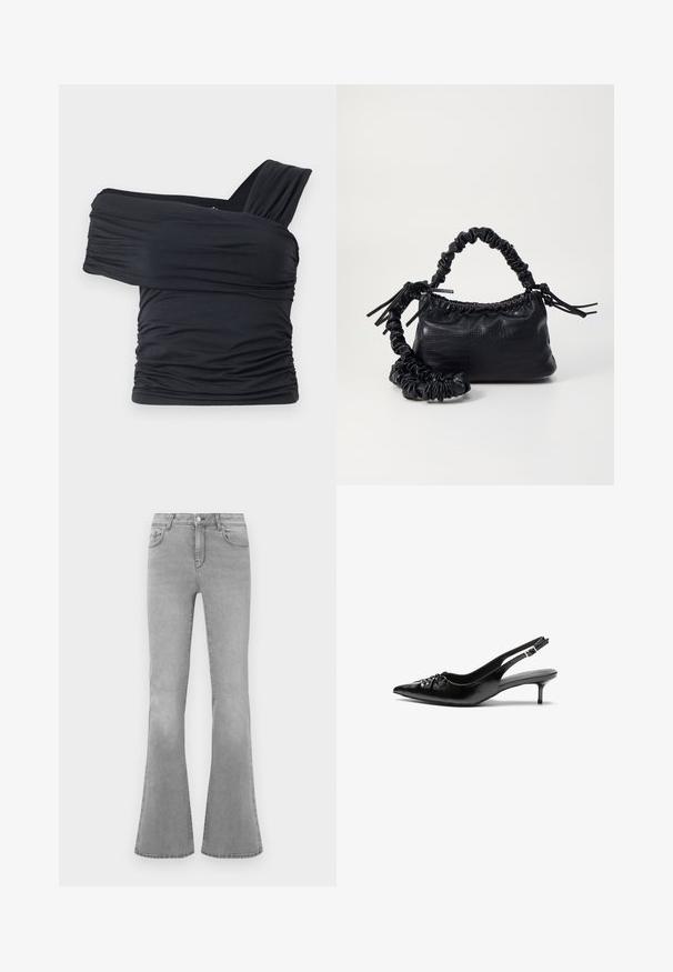 Top noir à épaules dénudées en tissu doux et extensible, présentant des détails froncés et une conception de large bretelle d'un côté.; Jean flare gris en denim, avec un design classique à cinq poches, une fermeture éclair et des détails de décoloration subtils le long des jambes.; Des escarpins en cuir noir à talon slingback, avec un bout pointu, un petit talon kitten et un détail de nœud décoratif à l'avant. Texture lisse sur toute la surface.; Sac à main en simili cuir noir avec une texture crocodile, un dessus resserré et une sangle froncée. A l'apparence douce et compacte.