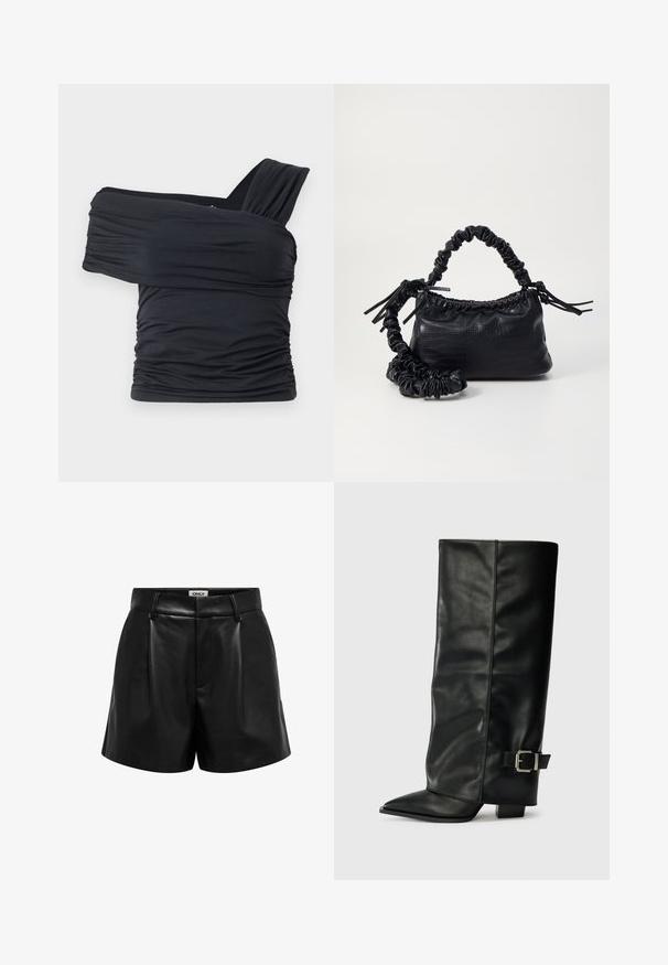 Zwarte off-shoulder top gemaakt van zachte, rekbare stof, met gerimpelde details en een bredere bandontwerp aan één kant.; Zwarte nep leren high-waisted shorts met riemlussen, voorplooien en een verborgen ritsluiting, gemarkeerd met "ONLY" aan de binnenkant van de tailleband.; Zwarte leren enkellange laarzen met een spitse neus, een gladde textuur en een zilveren gesps Accent aan de zijkant. Stevige vierkante hak.; Zwarte nepleer handtas met een krokodillenstructuur, opgedroogde bovenkant en een gekreukte hengsel. Het lijkt zacht en compact van ontwerp.
