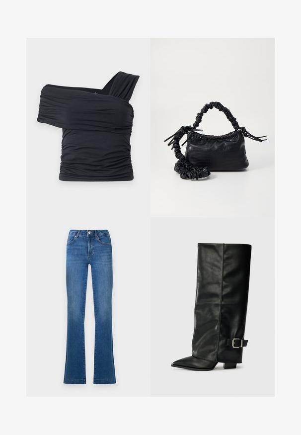 Zwarte off-shoulder top gemaakt van zachte, rekbare stof, met gerimpelde details en een bredere bandontwerp aan één kant.; Blauwe flared jeans van denim, met een klassiek vijf-pocket ontwerp, een sluiting met een knop aan de voorkant en licht vervaagde gebieden op de dijen.; Zwarte leren enkellange laarzen met een spitse neus, een gladde textuur en een zilveren gesps Accent aan de zijkant. Stevige vierkante hak.; Zwarte nepleer handtas met een krokodillenstructuur, opgedroogde bovenkant en een gekreukte hengsel. Het lijkt zacht en compact van ontwerp.