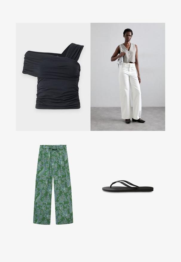 Top negru, cu umeri golași, fabricat dintr-un material moale și elastic, având detalii plissate și un design cu bretele late pe o parte.; Pantaloni largi verzi cu un model paisley, cu talie elastică și șnur. Materialul are o textură fină și prezintă accente albastre complexe.; Încălțăminte tip flip-flop neagră cu o talpă din cauciuc texturat, două bretele subțiri și un detaliu discret, embosat cu logo pe bretea.; Vest gri scurt cu nasturi, asortat cu blugi albi evazați și pantofi negri fără toc. Accesorizat cu o geantă mică cu franjuri din argint.