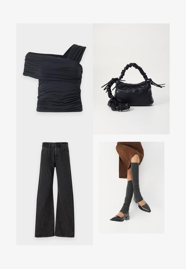Črna majica brez naramnic, izdelana iz mehkega in raztegljivega materiala, z nabranimi detajli in širokim trakastim dizajnom na eni strani.; Črne široke kavbojke iz denima. Imajo gumbasto zapiranje, zanko za pas in dve sprednji žepi. Na tkanini je opazna subtilna tekstura.; Črne lakirane čevlje s pointy prsti in blok peto ter z naramnicami za gleženj, ki jih kombiniramo s sivimi rebrastimi nogavicami in rjavim suknjičem iz usnja.; Črna torbica iz umetnega usnja s krokodilovo teksturo, z zvitim vrhom in zmečkano naramico. Zdi se mehka in kompaktna v oblikovanju.