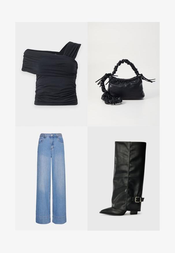 Melna off-shoulder gapģē jeb topiņš, kas izgatavots no mīksta, elastīga auduma, ar ručām un plašo siksnu dizainu vienā pusē.; Gaiši zilas platās kājas džinsus, kas izgatavoti no denima. Iespējas ietver pītus jostas stiprinājumus, divas priekšējās kabatas un apakšmalas šuvēm papildu detaļām.; Melni ādas potītes zābaki ar asu purngalu, gludu virsmu un sudraba sprādzi uz sāniem. Masīvs kvadrātveida papēdis.; Melnā mākslīgās ādas rokassoma ar krokodila rakstu, savilkta augšdaļa un saburzīta siksna. Izskatās mīksta un kompakta pēc dizaina.