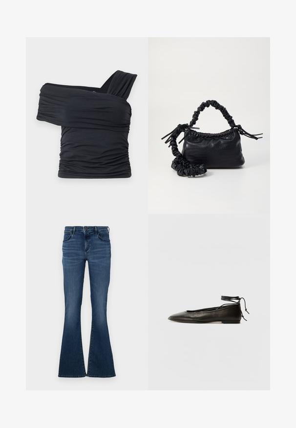 Top noir à épaules dénudées en tissu doux et extensible, présentant des détails froncés et une conception de large bretelle d'un côté.; Jean évasé bleu foncé avec un design à cinq poches, en denim, une taille avec une fermeture à bouton, et une légère décoloration sur le devant.; Ballerines noires en cuir avec un bout pointu, une attache à la cheville et une semelle plate, caractérisées par une texture lisse et un design minimaliste.; Sac à main en simili cuir noir avec une texture crocodile, un dessus resserré et une sangle froncée. A l'apparence douce et compacte.
