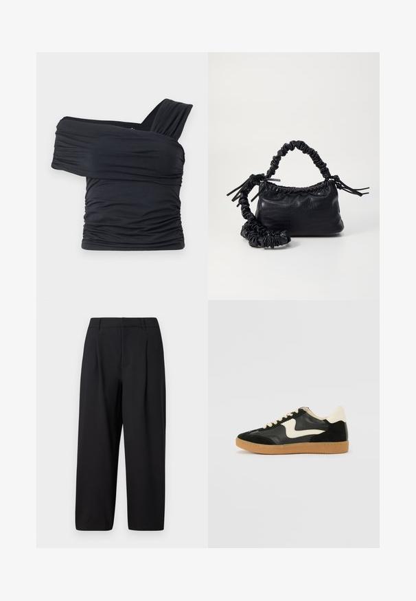 Black off-shoulder top made from soft, stretchy fabric, featuring ruched details and a wide strap design on one side.; Black trousers featuring a relaxed fit, pleated front, flat waistband, and smooth texture. Cut to a cropped length, suitable for formal or casual wear.; Black suede and leather sneaker with a cream side swoosh and light cream heel. Features beige laces and a gum rubber outsole.; Black faux leather handbag with a crocodile texture, cinched top, and a scrunched strap. Appears soft and compact in design.