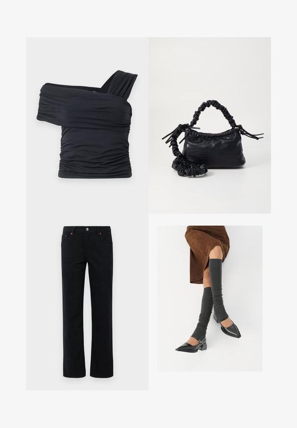 Must mustriba mustreenipee peal pehmed kudumeeliselt ja venivast kangast, omades rikutud detaile ja laia rihma disaini ühel küljel.; Sirged mustad teksad, millel on ees ja taga taskud, vöökohad, nööpide sulgemine ning kuldsed nupud.; Mustad patsaline odav värviga kingad, millel on kreen ja pahkluuring, on paaritatud hallide ribakudumitega sääremiidega ja pruunist nahast seelikuga.; Must must sünteetilisest nahast käekott, millel on krokodillimuster, kokku tõmmatav ülaosa ja kortsus rihm. Tundub pehme ja kompaktne disain.