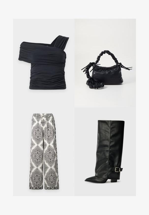 Schwarzes Off-Shoulder-Top aus weichem, elastischem Stoff, mit Rüschendetails und einem breiten Trägerdesign auf einer Seite.; Weite Hose in Creme mit einem schwarzen, kunstvoll gestalteten Diamantenmuster. Sie verfügt über einen elastischen Bund mit einer Krawatten-Detail und einer glatten Textur.; Schwarze Lederstiefeletten in Knöchellänge mit spitzem Zehenbereich, glatter Oberfläche und silberner Schnallenakzent an der Seite. Massiver, quadratischer Absatz.; Schwarze Handtasche aus Kunstleder mit Krokodilstruktur, gerafftem oberen Teil und einem geschoppten Tragegurt. Sie wirkt weich und kompakt im Design.