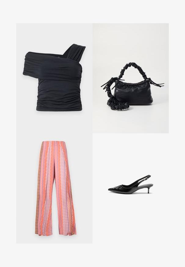 Črna majica brez naramnic, izdelana iz mehkega in raztegljivega materiala, z nabranimi detajli in širokim trakastim dizajnom na eni strani.; Hlače širokih nogavic z navpičnimi črtami v odtenkih roza, oranžne in rjave. Vzorec vključuje cvetlične in geometrijske oblike.; Črne usnjene slingback pete z izostrenim nosom, majhno mačje peto in okrasno vozličasto podrobnostjo na sprednjem delu. Gladka tekstura po celotni površini.; Črna torbica iz umetnega usnja s krokodilovo teksturo, z zvitim vrhom in zmečkano naramico. Zdi se mehka in kompaktna v oblikovanju.