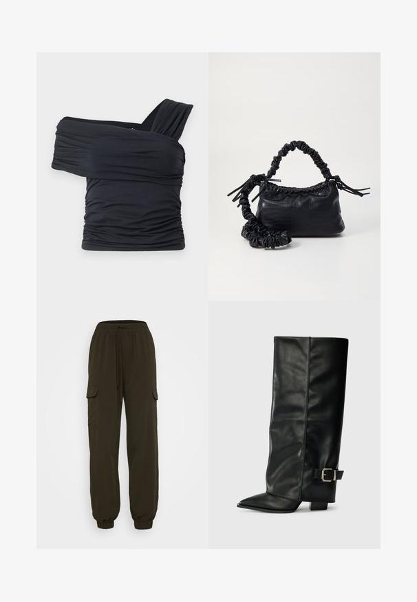 Juodas viršus be petnešų, pagamintas iš minkšto, elastingo audinio, su raukšlėtomis detalėmis ir plačios petnešos dizainu vienoje pusėje.; Tamsiai alyvuogių spalvos cargo kelnės su elastinga juosta, šnurku uždarymu ir šoninėmis kišenėmis; siaurėjantys kelnių galiukai prie kulkšnies. Minkštas, lengvas audinys.; Juodų odinių kulkšninių batų su smailiu pirštu, lygia tekstūra ir sidabriniu sagties akcentu šone. Masyvūs kvadratiniai kulniukai.; Juodas dirbtinės odos rankinė su krokodilo tekstūra, sušnibždinta viršuje ir susikraipytu dirželiu. Atrodo minkšta ir kompaktiška.