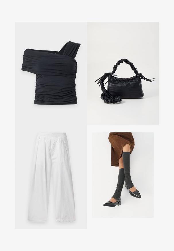 Top noir à épaules dénudées en tissu doux et extensible, présentant des détails froncés et une conception de large bretelle d'un côté.; Pantalons larges blancs en tissu léger. Dotés d'une coupe ample, de plis à l'avant et d'une taille élastique.; Chaussures à bout pointu en cuir verni noir avec un talon bloc et une bride à la cheville, accompagnées de jambières en maille grise et d'une jupe en daim marron.; Sac à main en simili cuir noir avec une texture crocodile, un dessus resserré et une sangle froncée. A l'apparence douce et compacte.