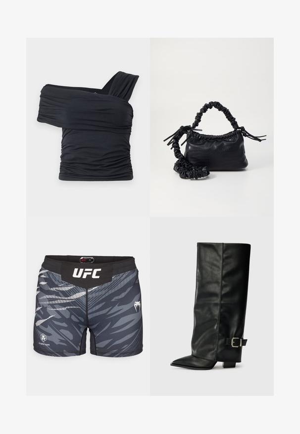 Melna off-shoulder gapģē jeb topiņš, kas izgatavots no mīksta, elastīga auduma, ar ručām un plašo siksnu dizainu vienā pusē.; Vīriešu UFC treniņu šorti melnā un pelēkā krāsā ar abstraktu rakstu, elastīgu jostu un logotipa akcentiem. Izgatavoti no mitrumu izlakojoša materiāla.; Melni ādas potītes zābaki ar asu purngalu, gludu virsmu un sudraba sprādzi uz sāniem. Masīvs kvadrātveida papēdis.; Melnā mākslīgās ādas rokassoma ar krokodila rakstu, savilkta augšdaļa un saburzīta siksna. Izskatās mīksta un kompakta pēc dizaina.