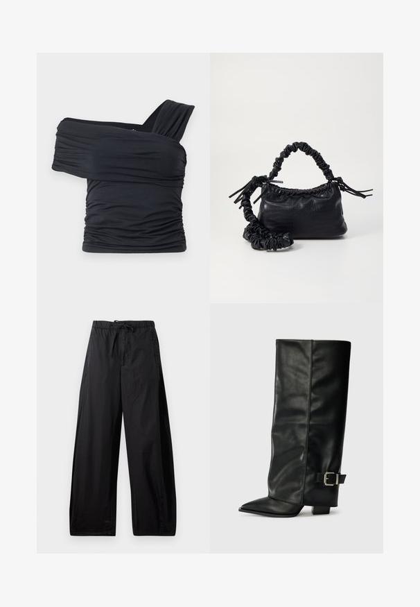 Zwarte off-shoulder top gemaakt van zachte, rekbare stof, met gerimpelde details en een bredere bandontwerp aan één kant.; Zwarte, lichte, elastische broek met een trekkoord in de taille, met een losse pasvorm en een gladde textuur. Geen zichtbare patronen of hardware.; Zwarte leren enkellange laarzen met een spitse neus, een gladde textuur en een zilveren gesps Accent aan de zijkant. Stevige vierkante hak.; Zwarte nepleer handtas met een krokodillenstructuur, opgedroogde bovenkant en een gekreukte hengsel. Het lijkt zacht en compact van ontwerp.