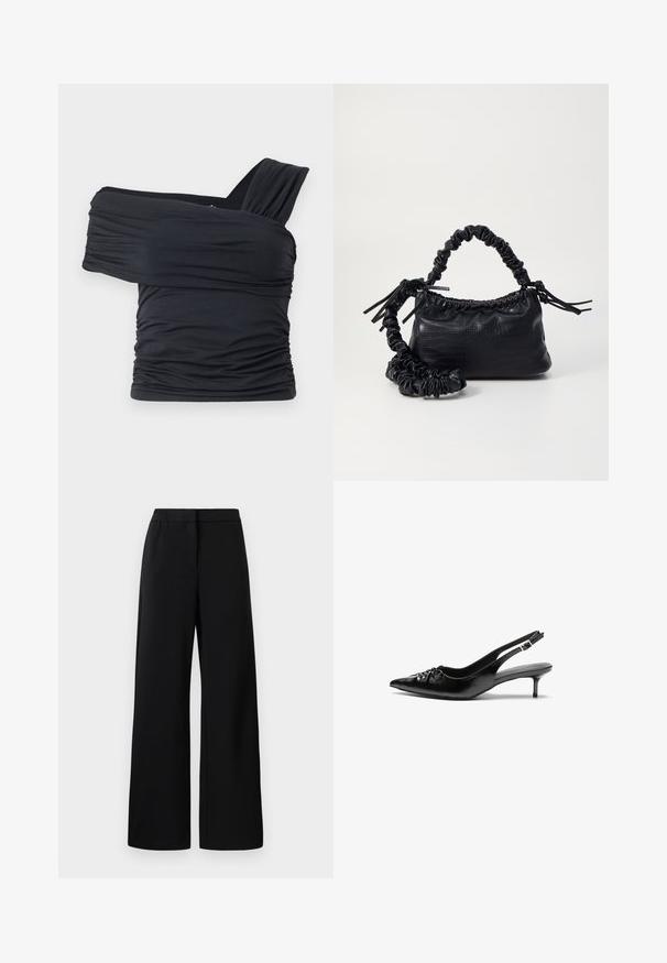 Top noir à épaules dénudées en tissu doux et extensible, présentant des détails froncés et une conception de large bretelle d'un côté.; Pantalons larges noirs avec taille élastique et front plat, conçus pour un ajustement ample et confortable.; Des escarpins en cuir noir à talon slingback, avec un bout pointu, un petit talon kitten et un détail de nœud décoratif à l'avant. Texture lisse sur toute la surface.; Sac à main en simili cuir noir avec une texture crocodile, un dessus resserré et une sangle froncée. A l'apparence douce et compacte.