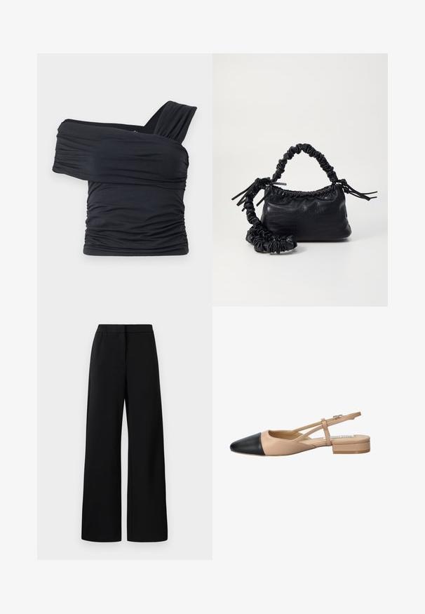 Top noir à épaules dénudées en tissu doux et extensible, présentant des détails froncés et une conception de large bretelle d'un côté.; Pantalons larges noirs avec taille élastique et front plat, conçus pour un ajustement ample et confortable.; Chaussure à bride arrière bicolore beige et noire avec un bout pointu, un talon plat et un détail de sangle croisée. Texture en cuir lisse.; Sac à main en simili cuir noir avec une texture crocodile, un dessus resserré et une sangle froncée. A l'apparence douce et compacte.