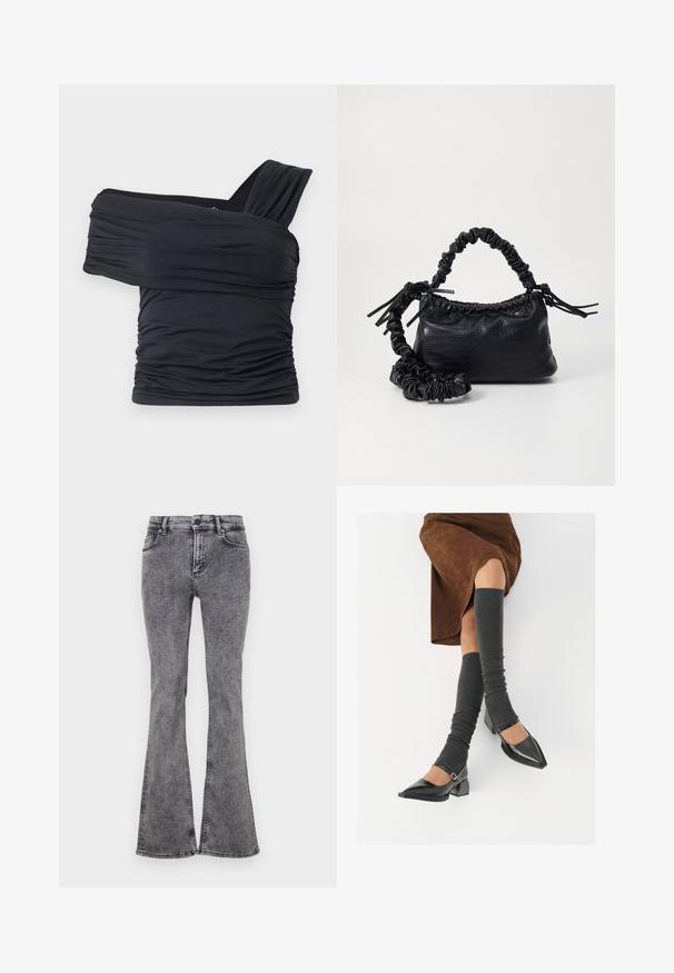 Top nero senza spalline realizzato in tessuto morbido e elasticizzato, con dettagli arricciati e un design con fascia larga su un lato.; Jeans neri a zampa d'elefante in denim con un lavaggio sbiadito, dotati di cinque tasche, zip frontale e cuciture a contrasto lungo le cuciture.; Scarpe nere in pelle verniciata con punta affilata, tacco a blocco e cinturino alla caviglia, abbinate a scaldamuscoli grigi a coste e una gonna in suede marrone.; Borsa a tracolla in ecopelle nera con texture a coccodrillo, apertura cinchata e tracolla arricciata. Si presenta con un design morbido e compatto.