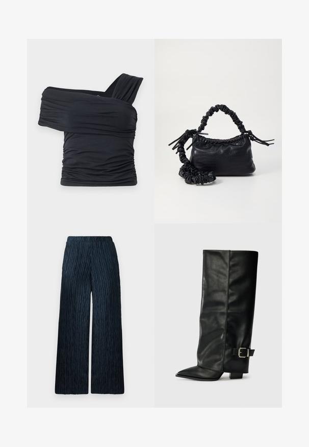 Black off-shoulder top made from soft, stretchy fabric, featuring ruched details and a wide strap design on one side.; Wide-leg pants in dark navy with textured, crinkled fabric. Features an elastic waistband for comfort and a smooth surface.; Black leather ankle-length boots with a pointed toe, smooth texture, and a silver buckle accent on the side. Chunky square heel.; Black faux leather handbag with a crocodile texture, cinched top, and a scrunched strap. Appears soft and compact in design.