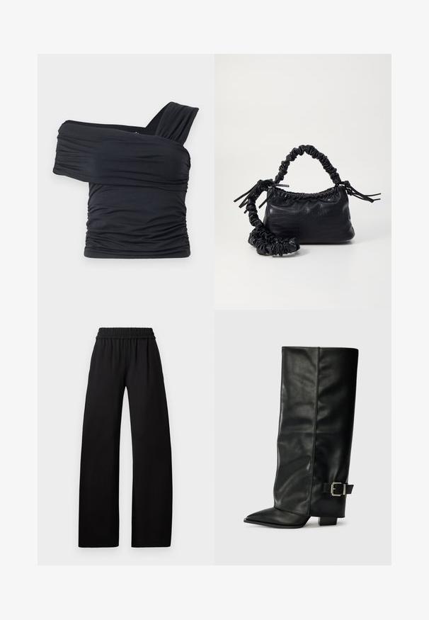Top noir à épaules dénudées en tissu doux et extensible, présentant des détails froncés et une conception de large bretelle d'un côté.; Pantalons noirs à jambe large avec une taille élastique, présentant une texture lisse et une conception longue jusqu'au sol pour une coupe décontractée.; Bottes noires en cuir longueur cheville avec un bout pointu, texture lisse et une accent en boucle argentée sur le côté. Talon carré épais.; Sac à main en simili cuir noir avec une texture crocodile, un dessus resserré et une sangle froncée. A l'apparence douce et compacte.