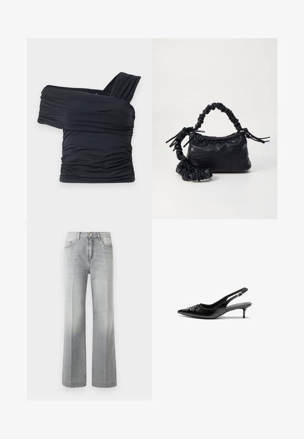 Must mustriba mustreenipee peal pehmed kudumeeliselt ja venivast kangast, omades rikutud detaile ja laia rihma disaini ühel küljel.; Hall gray laihted teksad denimist, millel on kulunud välimus, ees olevad taskud ja nööbiklapp. Sile tekstuur ja ühtlane õmblus.; Mustad nahast rihmikud terava nina, madala kassisaba kand ja volditud detailiga eespool. Siledat tekstuuri ja minimalistlikku disaini.; Must must sünteetilisest nahast käekott, millel on krokodillimuster, kokku tõmmatav ülaosa ja kortsus rihm. Tundub pehme ja kompaktne disain.