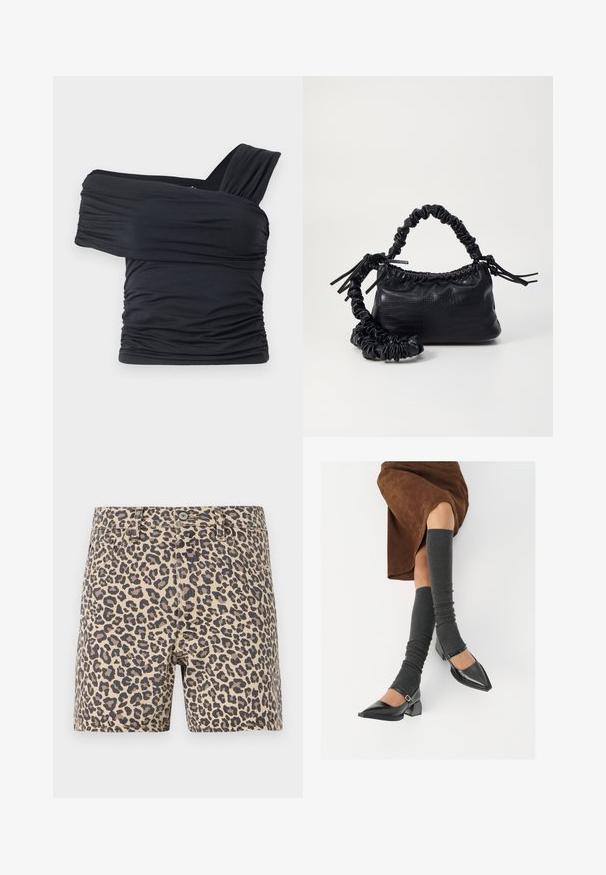 Black off-shoulder top made from soft, stretchy fabric, featuring ruched details and a wide strap design on one side.; Leopard print denim shorts in beige and black. Classic five-pocket design with a button closure and belt loops. Smooth texture.; Black patent leather pointed-toe shoes with a block heel and ankle strap, paired with gray ribbed leg warmers and a brown suede skirt.; Black faux leather handbag with a crocodile texture, cinched top, and a scrunched strap. Appears soft and compact in design.