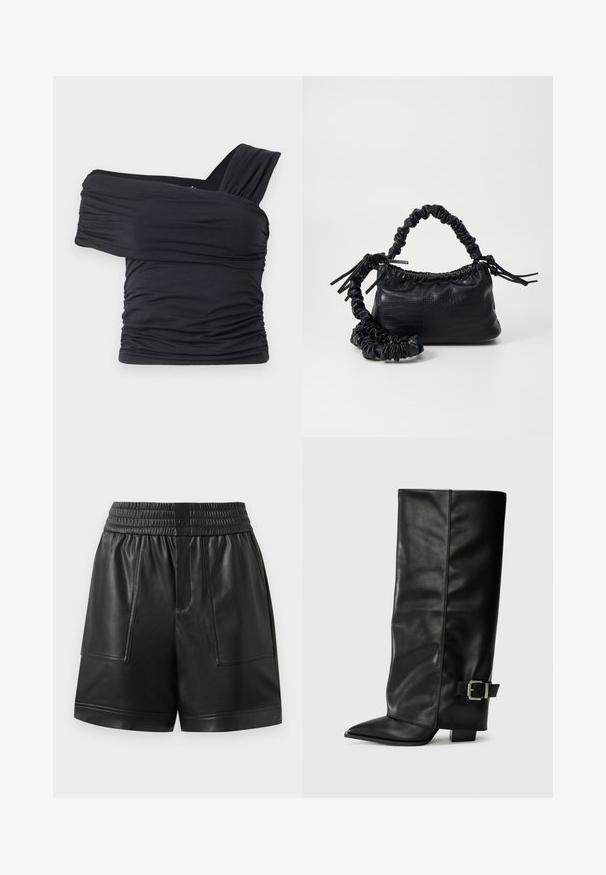 Juodas viršus be petnešų, pagamintas iš minkšto, elastingo audinio, su raukšlėtomis detalėmis ir plačios petnešos dizainu vienoje pusėje.; Juodi dirbtinės odos šortai su elastiniu juosmeniu, priekinėmis snap užsegimais, didelėmis priekinėmis kišenėmis ir tiesia apdaila.; Juodų odinių kulkšninių batų su smailiu pirštu, lygia tekstūra ir sidabriniu sagties akcentu šone. Masyvūs kvadratiniai kulniukai.; Juodas dirbtinės odos rankinė su krokodilo tekstūra, sušnibždinta viršuje ir susikraipytu dirželiu. Atrodo minkšta ir kompaktiška.