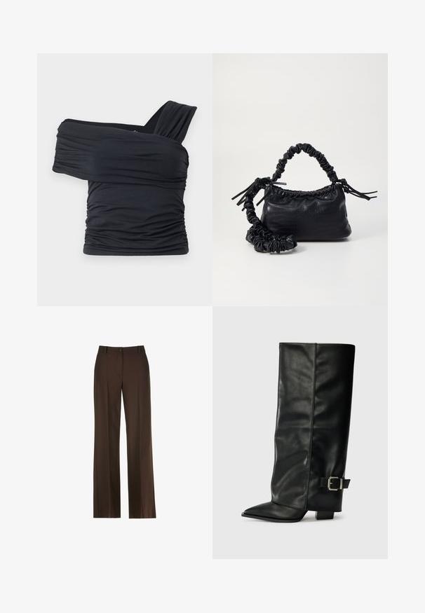 Musta olkaimeton toppi, joka on valmistettu pehmeästä ja venyvästä kankaasta, jossa on rypytysdetaljeja ja leveä olkaintyyli yhdellä puolella.; Ruskeat leveälahkeat housut, joissa on sileä rakenne, etuosan napitussulku, vyölenkit ja taitteet edessä.; Musta nahkasaappaat nilkkapituudella, teräväkärkiset, sileällä pinnalla ja hopeisella soljella sivussa. Tukeva neliönmallinen korko.; Must-have mustekahvi nahkalaukku krokotiiliaistalla, kiristetty yläosa ja rypistetty hihna. Näyttää pehmeältä ja kompaktilta muotoilultaan.