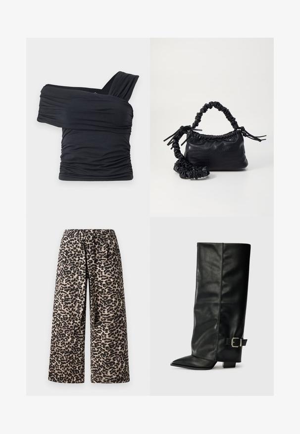 Zwarte off-shoulder top gemaakt van zachte, rekbare stof, met gerimpelde details en een bredere bandontwerp aan één kant.; Wijduitlopende broek in een luipaard print, met een zwart en beige kleurenschema, zachte stof en een elastische tailleband voor comfort.; Zwarte leren enkellange laarzen met een spitse neus, een gladde textuur en een zilveren gesps Accent aan de zijkant. Stevige vierkante hak.; Zwarte nepleer handtas met een krokodillenstructuur, opgedroogde bovenkant en een gekreukte hengsel. Het lijkt zacht en compact van ontwerp.