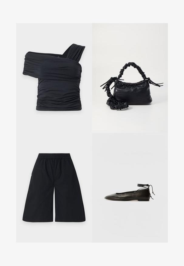 Melna off-shoulder gapģē jeb topiņš, kas izgatavots no mīksta, elastīga auduma, ar ručām un plašo siksnu dizainu vienā pusē.; Melni šorti ar elastīgu jostu, līdz ceļiem, gluda tekstūra un divām sānu kabatām. Nav redzamu rakstu vai aparatūras.; Melnas ādas baleta kurpes ar smailu purngalu, potītes saitēm un plakanu zoli, kas izceļas ar gludu tekstūru un minimālistisku dizainu.; Melnā mākslīgās ādas rokassoma ar krokodila rakstu, savilkta augšdaļa un saburzīta siksna. Izskatās mīksta un kompakta pēc dizaina.