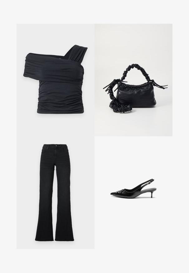 Top preto sem alças feito de um tecido macio e elástico, com detalhes franzidos e um design de alça larga de um lado.; Jeans pretos de cintura alta, em forma de sino, com bolsos frontais, passantes para cinto e fecho de botão, sobre um fundo branco.; Sapatos de salto alto slingback em couro preto com bico fino, pequeno salto kitten e um detalhe decorativo em forma de nó na parte da frente. Textura suave em toda a parte.; Bolsa de mão em couro sintético preto com textura de crocodilo, topo franzido e alça enrugada. Apresenta um design suave e compacto.