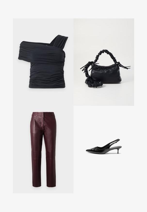 Top noir à épaules dénudées en tissu doux et extensible, présentant des détails froncés et une conception de large bretelle d'un côté.; Pantalons en cuir bourgogne avec un design ajusté, un éclat subtil et une texture lisse. Dotés d'une taille mi-haute et de jambes droites.; Des escarpins en cuir noir à talon slingback, avec un bout pointu, un petit talon kitten et un détail de nœud décoratif à l'avant. Texture lisse sur toute la surface.; Sac à main en simili cuir noir avec une texture crocodile, un dessus resserré et une sangle froncée. A l'apparence douce et compacte.