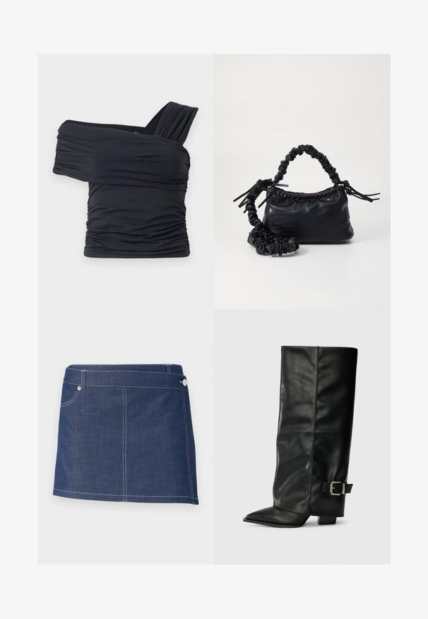 Fekete, vállnélküli felső, puha, rugalmas anyagból, fodros részletekkel és egyoldali széles pánttal.; Sötétkék farmer miniszoknya fehér varrással, egyetlen elülső zsebbel és fémből készült gombos záródással a derék részen.; Fekete bőr bokáig érő csizmák hegyes orral, sima felülettel és ezüst csattal az oldalon. Tömbös négyzet alakú sarok.; Fekete műbőr kézi táska krokodil bőr textúrával, összehúzható tetejű és gyűrt pánttal. Lágy és kompakt dizájnúnak tűnik.