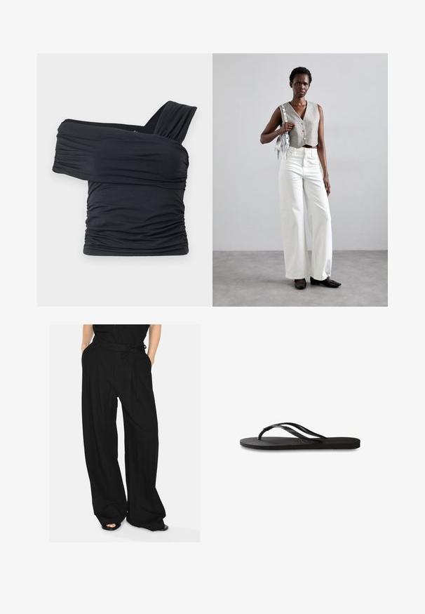 Black off-shoulder top made from soft, stretchy fabric, featuring ruched details and a wide strap design on one side.; Black wide-leg trousers made of a lightweight fabric. Features a fitted waistband with a tied belt and front pleats for added detail.; Black flip-flop featuring a textured rubber sole, two slender straps, and a subtle, embossed logo detail on the strap.; Gray cropped vest with buttons, paired with white wide-leg jeans and black flat shoes. Accessorized with a small silver fringe bag.