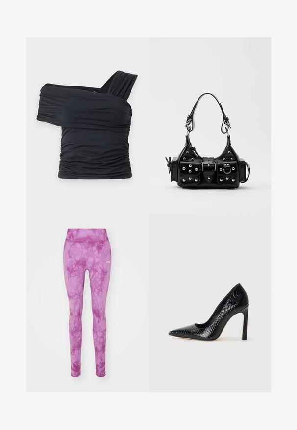 Čierny top bez ramienok vyrobený z jemného, elastického materiálu, s nariasenými detailmi a širokým dizajnom ramienka na jednej strane.; Ružové legíny s mramorovým vzorom, s elastickým pásom a hladkým povrchom. Logo značky je zobrazené v bielej farbe na boku.; Čierna lodička s špicatou špičkou a lakovanou textúrou krokodíla, s elegantným dizajnom, vysokým stiletto podpätkom a hladkým čiernym interiérom.; Čierna kožená kabelka s zakriveným dizajnom, doplnená striebornými cvočkami, prackou a dvoma bočnými vreckami. Nastaviteľný popruh poskytuje rôzne možnosti nosenia.
