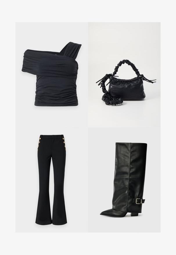 Zwarte off-shoulder top gemaakt van zachte, rekbare stof, met gerimpelde details en een bredere bandontwerp aan één kant.; Zwarte flared broeken van een rekbare stof, met een vlakke voorkant, zijzakken en decoratieve gouden knopen langs de heup.; Zwarte leren enkellange laarzen met een spitse neus, een gladde textuur en een zilveren gesps Accent aan de zijkant. Stevige vierkante hak.; Zwarte nepleer handtas met een krokodillenstructuur, opgedroogde bovenkant en een gekreukte hengsel. Het lijkt zacht en compact van ontwerp.