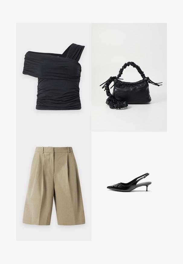 Black off-shoulder top made from soft, stretchy fabric, featuring ruched details and a wide strap design on one side.; Beige tailored shorts with a pleated design, made from a lightweight fabric. Features a waistband and deep front pockets.; Black leather slingback heels with a pointed toe, small kitten heel, and a decorative knot detail on the front. Smooth texture throughout.; Black faux leather handbag with a crocodile texture, cinched top, and a scrunched strap. Appears soft and compact in design.