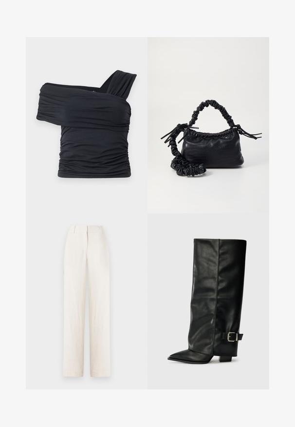 Črna majica brez naramnic, izdelana iz mehkega in raztegljivega materiala, z nabranimi detajli in širokim trakastim dizajnom na eni strani.; Linen hlače v svetlem bež odtenku z ravno krojem, ki vključujejo pas in sprednje gube za dodatne detajle.; Črne usnjene gležnjarje do gležnjev z ostrim nosom, gladko teksturo in srebrnim sponko akcentom na strani. Debel kvadratni peti.; Črna torbica iz umetnega usnja s krokodilovo teksturo, z zvitim vrhom in zmečkano naramico. Zdi se mehka in kompaktna v oblikovanju.