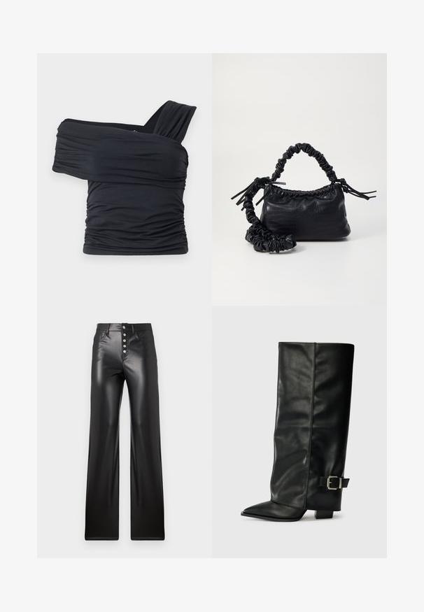 Fekete, vállnélküli felső, puha, rugalmas anyagból, fodros részletekkel és egyoldali széles pánttal.; ONLY ONLSMOOTH - Nadrágok - black; Fekete bőr bokáig érő csizmák hegyes orral, sima felülettel és ezüst csattal az oldalon. Tömbös négyzet alakú sarok.; Fekete műbőr kézi táska krokodil bőr textúrával, összehúzható tetejű és gyűrt pánttal. Lágy és kompakt dizájnúnak tűnik.