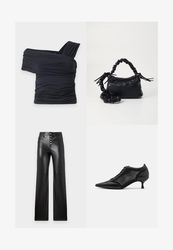 Top noir à épaules dénudées en tissu doux et extensible, présentant des détails froncés et une conception de large bretelle d'un côté.; ONLY ONLSMOOTH - Pantalon classique - black; Chaussure noire à bout pointu avec un design en panneau en maille, présentant un petit talon et un laçage à l'avant. Fabriquée à partir d'une combinaison de cuir et de matériau en maille.; Sac à main en simili cuir noir avec une texture crocodile, un dessus resserré et une sangle froncée. A l'apparence douce et compacte.