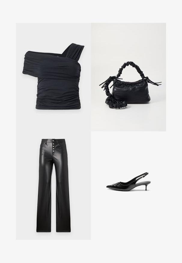 Top noir à épaules dénudées en tissu doux et extensible, présentant des détails froncés et une conception de large bretelle d'un côté.; ONLY ONLSMOOTH - Pantalon classique - black; Des escarpins en cuir noir à talon slingback, avec un bout pointu, un petit talon kitten et un détail de nœud décoratif à l'avant. Texture lisse sur toute la surface.; Sac à main en simili cuir noir avec une texture crocodile, un dessus resserré et une sangle froncée. A l'apparence douce et compacte.