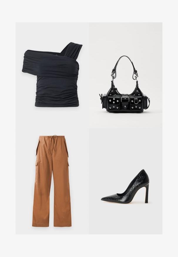 Fekete, vállnélküli felső, puha, rugalmas anyagból, fodros részletekkel és egyoldali széles pánttal.; Barna, bő szárú cargo nadrág könnyű anyagból, rugalmas derékkal és zsinórral, valamint oldalsó zsebekkel.; Fekete hegyes orrú magassarkú cipő krokodilbőr textúrával, letisztult dizájnnal, magas tűsarkú és sima fekete belső résszel.; Fekete bőr kézitáska ívelt designnal, ezüst szegecsekkel, csattal és két oldalsó zsebbel. Állítható vállpánt a hordozási lehetőségekhez.