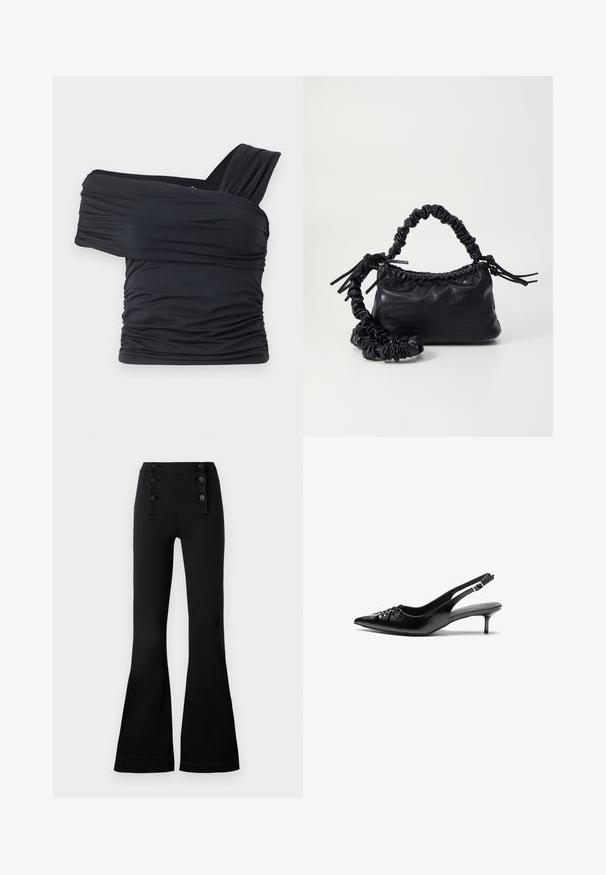 Black off-shoulder top made from soft, stretchy fabric, featuring ruched details and a wide strap design on one side.; Black flared pants made of denim with a high waistband, featuring four decorative buttons on the front and a smooth texture.; Black leather slingback heels with a pointed toe, small kitten heel, and a decorative knot detail on the front. Smooth texture throughout.; Black faux leather handbag with a crocodile texture, cinched top, and a scrunched strap. Appears soft and compact in design.
