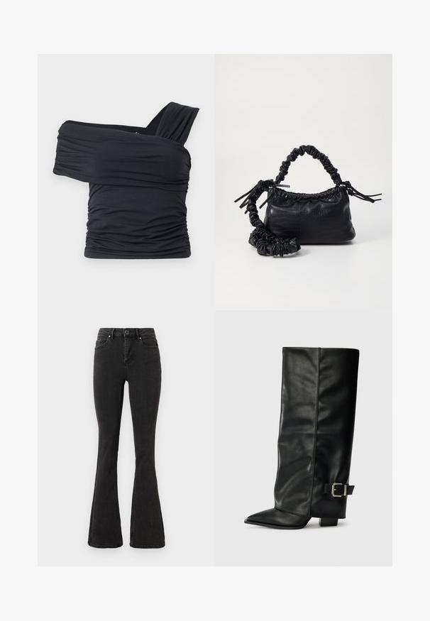 Melna off-shoulder gapģē jeb topiņš, kas izgatavots no mīksta, elastīga auduma, ar ručām un plašo siksnu dizainu vienā pusē.; Melnas augstās flared džinses ar priekšējo pogu un rāvējslēdzēju, priekšējām un aizmugurējām kabatām, izliktas uz baltā fona.; Melni ādas potītes zābaki ar asu purngalu, gludu virsmu un sudraba sprādzi uz sāniem. Masīvs kvadrātveida papēdis.; Melnā mākslīgās ādas rokassoma ar krokodila rakstu, savilkta augšdaļa un saburzīta siksna. Izskatās mīksta un kompakta pēc dizaina.