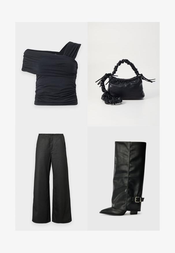 Top noir à épaules dénudées en tissu doux et extensible, présentant des détails froncés et une conception de large bretelle d'un côté.; Pantalons larges noirs avec poches avant et taille haute, fabriqués à partir d'un tissu lisse, présentés sur un fond clair.; Bottes noires en cuir longueur cheville avec un bout pointu, texture lisse et une accent en boucle argentée sur le côté. Talon carré épais.; Sac à main en simili cuir noir avec une texture crocodile, un dessus resserré et une sangle froncée. A l'apparence douce et compacte.
