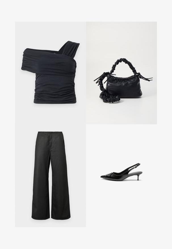 Black off-shoulder top made from soft, stretchy fabric, featuring ruched details and a wide strap design on one side.; Black wide-leg pants with front pockets and a high waist, made from a smooth fabric, displayed on a plain light background.; Black leather slingback heels with a pointed toe, small kitten heel, and a decorative knot detail on the front. Smooth texture throughout.; Black faux leather handbag with a crocodile texture, cinched top, and a scrunched strap. Appears soft and compact in design.