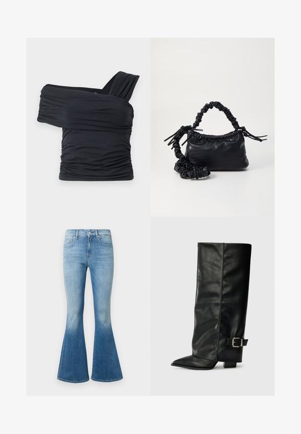 Črna majica brez naramnic, izdelana iz mehkega in raztegljivega materiala, z nabranimi detajli in širokim trakastim dizajnom na eni strani.; Svetlo modri traperje s flared rezom, ki ima visok pas, izbleden videz in klasično pet-pocket zasnovo z kovinskimi dodatki.; Črne usnjene gležnjarje do gležnjev z ostrim nosom, gladko teksturo in srebrnim sponko akcentom na strani. Debel kvadratni peti.; Črna torbica iz umetnega usnja s krokodilovo teksturo, z zvitim vrhom in zmečkano naramico. Zdi se mehka in kompaktna v oblikovanju.