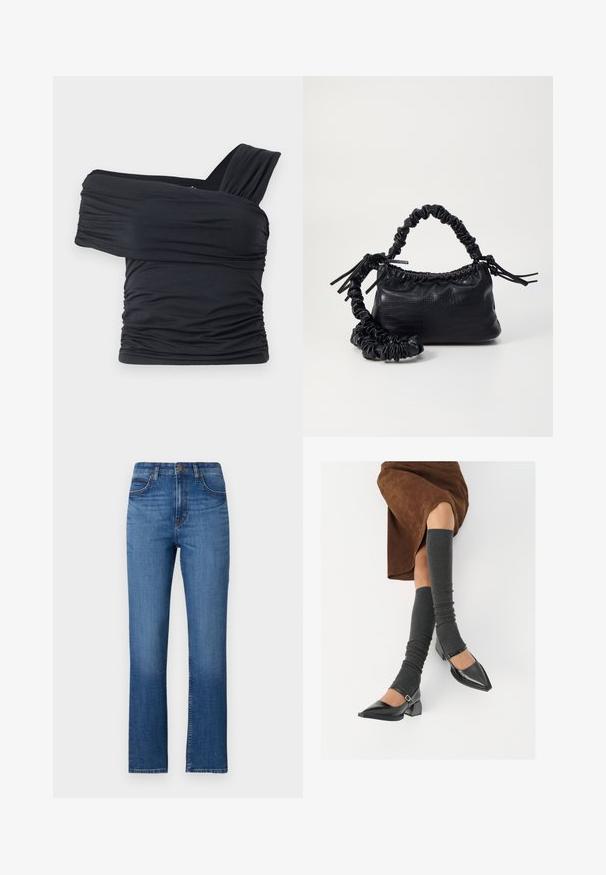 Top nero senza spalline realizzato in tessuto morbido e elasticizzato, con dettagli arricciati e un design con fascia larga su un lato.; Jeans in denim blu con design a gamba dritta, vita alta, cinque tasche e cuciture sottili lungo le cuciture. Texture liscia.; Scarpe nere in pelle verniciata con punta affilata, tacco a blocco e cinturino alla caviglia, abbinate a scaldamuscoli grigi a coste e una gonna in suede marrone.; Borsa a tracolla in ecopelle nera con texture a coccodrillo, apertura cinchata e tracolla arricciata. Si presenta con un design morbido e compatto.