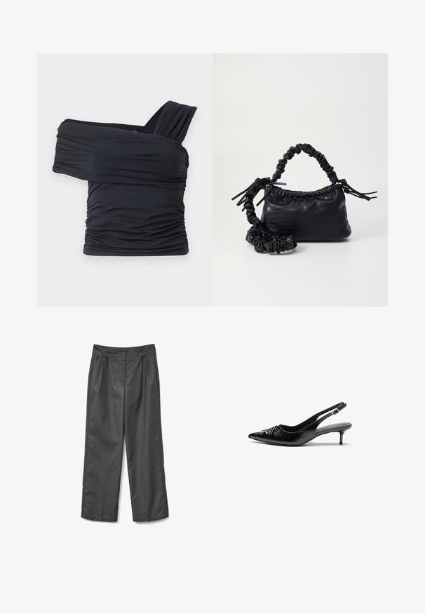 Črna majica brez naramnic, izdelana iz mehkega in raztegljivega materiala, z nabranimi detajli in širokim trakastim dizajnom na eni strani.; Sive široke hlače narejene iz gladkega materiala, ki vključujejo dva sprednja karirasta šiva, dve gumbni na pasu in ravno rob.; Črne usnjene slingback pete z izostrenim nosom, majhno mačje peto in okrasno vozličasto podrobnostjo na sprednjem delu. Gladka tekstura po celotni površini.; Črna torbica iz umetnega usnja s krokodilovo teksturo, z zvitim vrhom in zmečkano naramico. Zdi se mehka in kompaktna v oblikovanju.